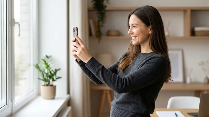 Kobieta robiąca zdjęcie telefonem w domu przy oknie